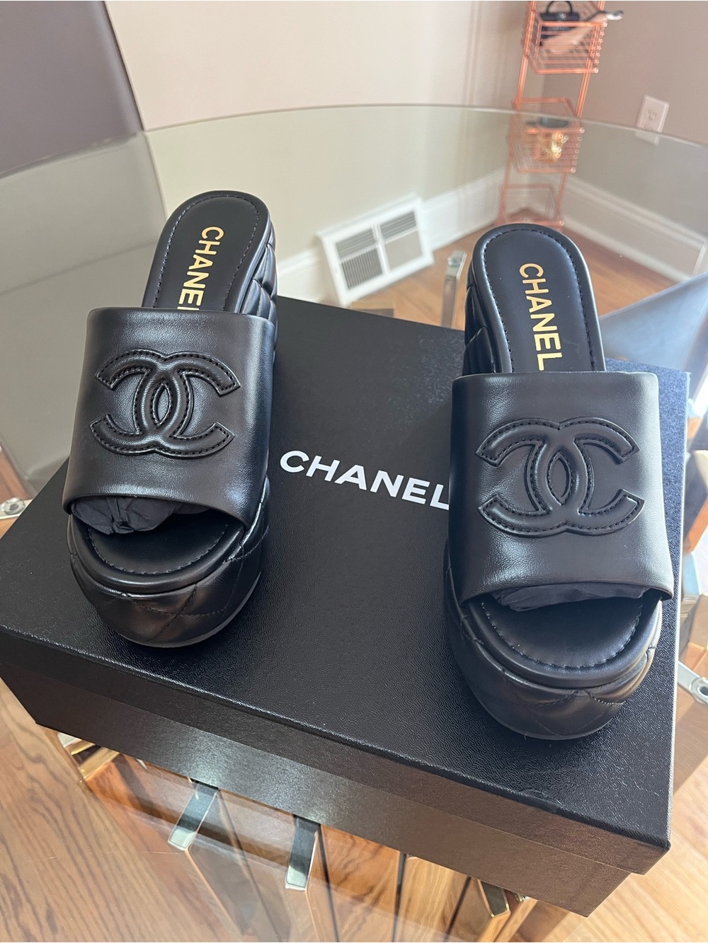 CHANEL Black Quilted Leather Platform Mules with CC Logo